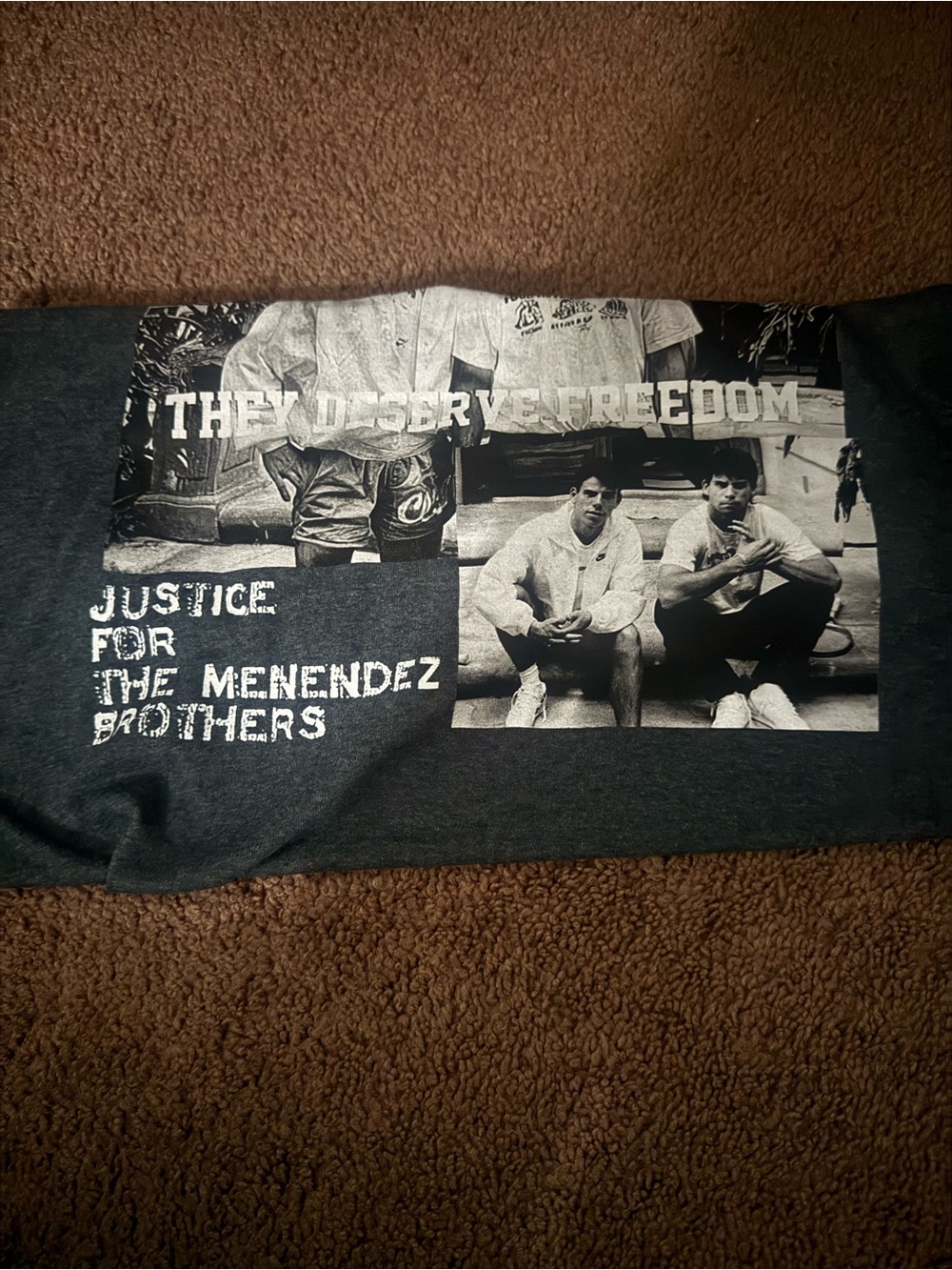 Men's Graphic Crew Neck T-Shirt in Dark Gray - Justice for the Menendez Brothers